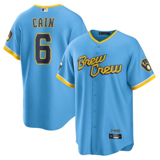Replika koszulki zawodnika Cain Powder Blue Milwaukee Brewers City Connect, rozmiar S