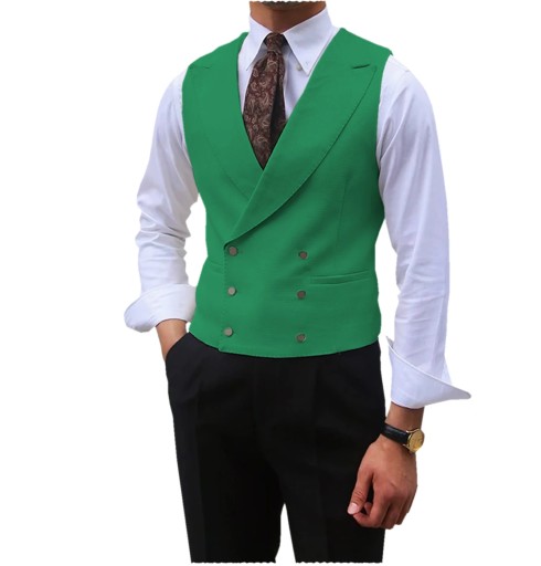 Men Vest Brown Solid Peaked Lapel Double Breasted