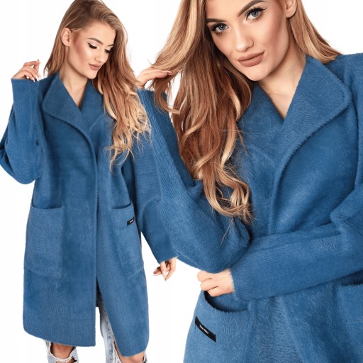PŁASZCZ KOŁNIERZ ALPAKA DAMSKI KOBIECY DŁUGI ELEGANCKI MODNY JEANSOWY 2019