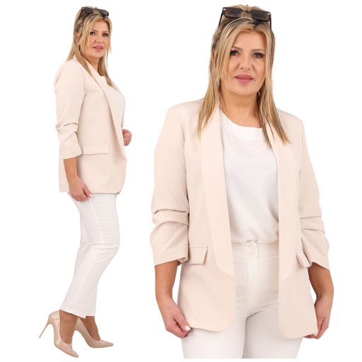 ELEGANCKA MARYNARKA DAMSKA ŻAKIET WIZYTOWY DRAPOWANE RĘKAWY ROZMIARY