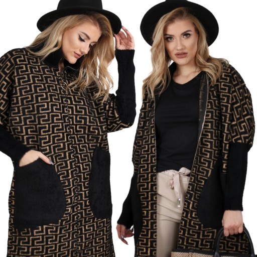 PŁASZCZ ALPAKA WZORY PLUS SIZE CZARNO-CAMEL 2106