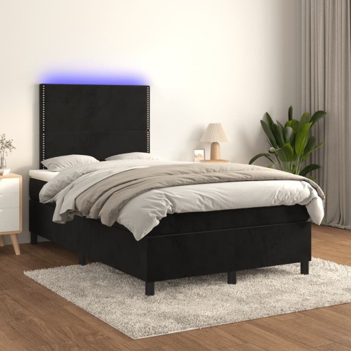 ŁÓŻKO KONTYNENTALNE Z MATERACEM I LED CZARNY AKSAMIT 120X200CM
