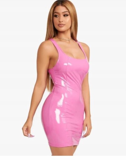 Różowa Sukienka Mini Błyszcząca Vinyl Latex Lack