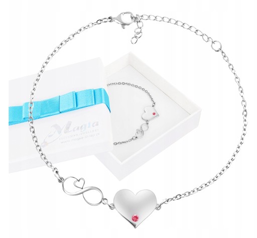 Srebrna Bransoletka Miłość Serce Nieskończoność Grawer Różowy Swarovski BOX
