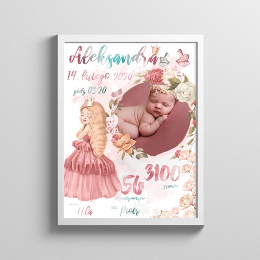 Metryczka Zdjęcie Urodziny Personalizowana A3 30x40 + Ramka Chrzest Prezent