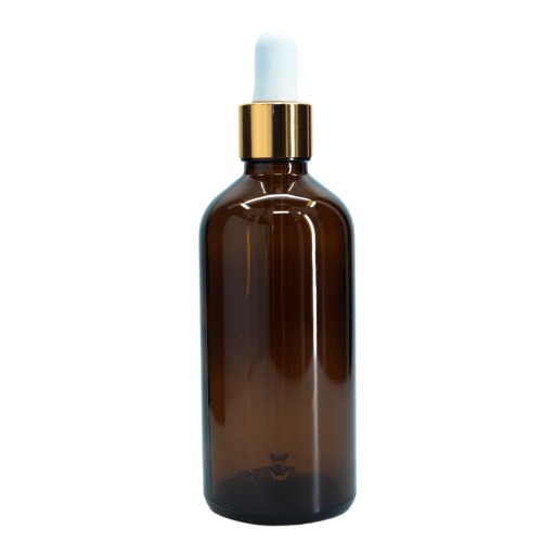 Butelka szklana 100 ml brązowa z pipetą szklaną złoto-białą