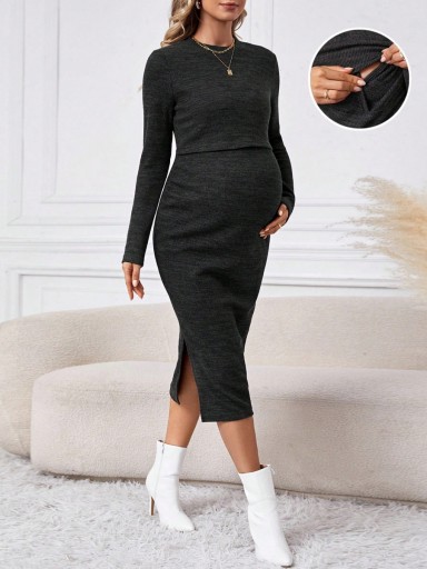 SHEIN MATERNITY SUKIENKA CIEMNOSZARA MIDI L 482