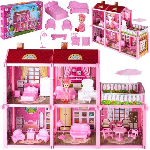 DOMEK DLA LALEK VILLA RÓŻOWA Z MEBELKAMI LALKA 44cm Z TARASEM DLA DZIECI