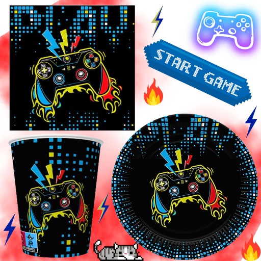 ZESTAW URODZINY GAME PAPIEROWE kubki KUBECZKI serwetki talerzyki PLAY