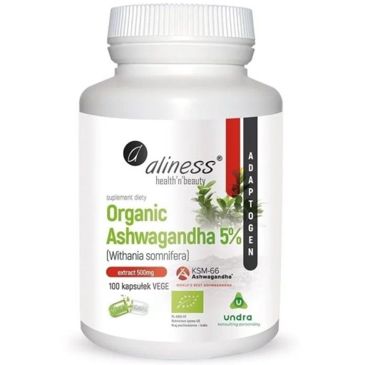Organic ASHWAGANDHA 5% Aliness ekstrakt KSM-66 ORGANIC 100 Kaps z Korzenia