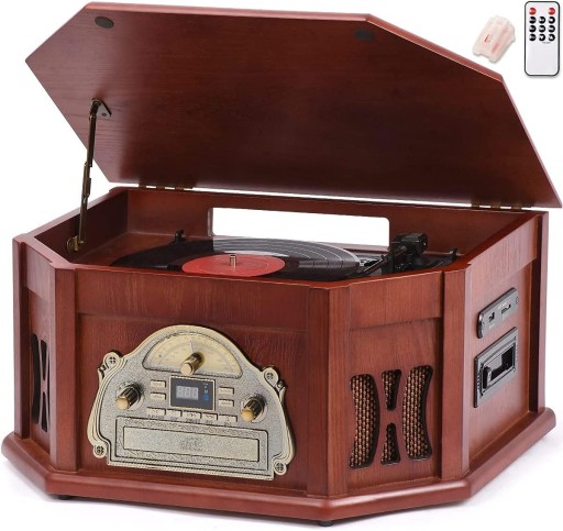 Drewniany klasyczny gramofon 10 w 1 Bluetooth, CD, kasety, radio FM, Vinyl
