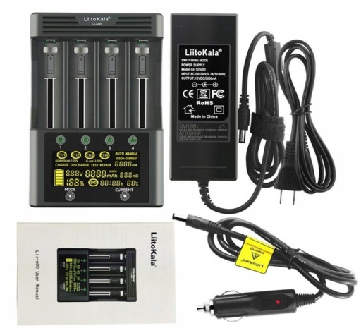 Ładowarka LiitoKala Lii-600 18650, 26650, 21700 Li-ion, 3,7V, NiMH - zestaw