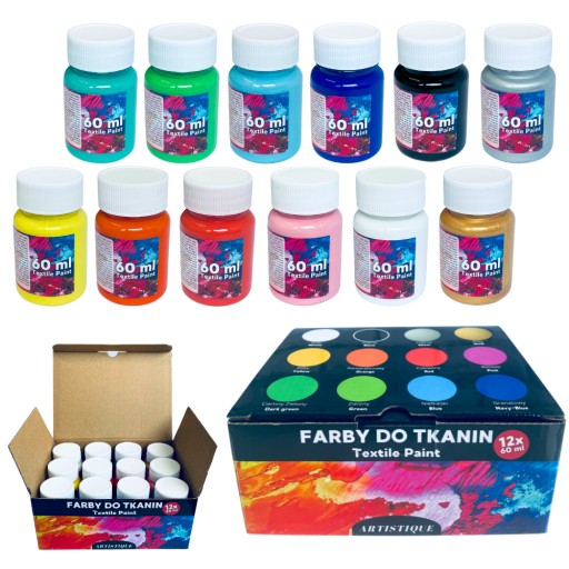 720 ml FARBY DO TKANIN UBRAŃ DO MALOWANIA NA TKANINACH 12 KOLORÓW ZESTAW