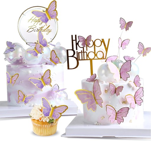 ZESTAW TOPPER MOTYL + HAPPY BIRTHDAY DEKORACJA TORTY CIASTA BABECZKI PIKERY
