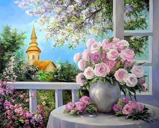 HAFT KRZYŻYKOWY KWIATY BUKIET MULINA NADRUK 30x40