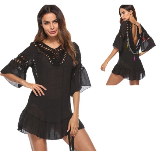 boho sukienki letnie LUŹNA narzutka plazowa tunika koronka AŻUROWA haft