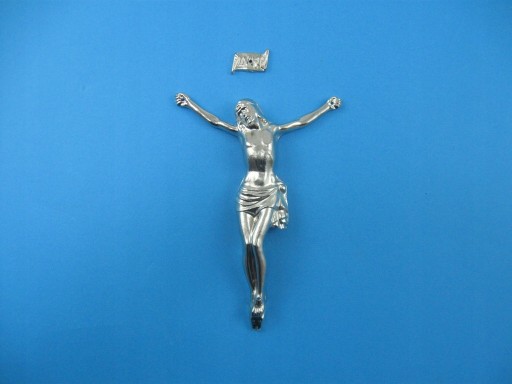 Korpus Pasyjka Jezusa na krzyż metalowa niklowana + napis - 25,5/18 cm