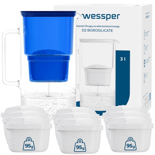 DZBANEK SZKLANY WESSPER D2 BOROSILICATE 3l + 10x FILTR WKŁAD WODY WESSPER