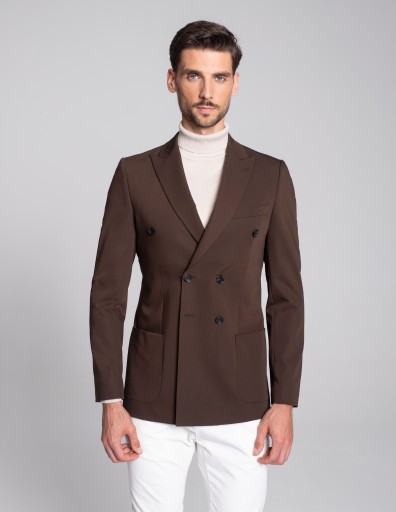 Marynarka męska dwurzędowa do zestawu brignano brąz slim fit 182 100