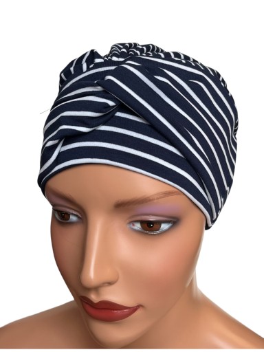 Gotowa czapka na głowę turban Sara granatowa w paski także po chemioterapii