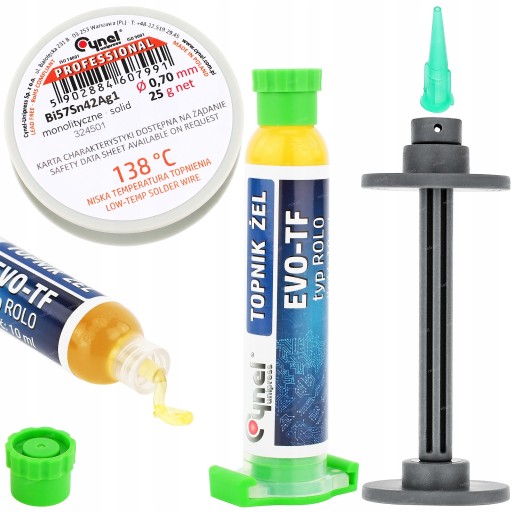 TOPNIK LUTOWNICZY ŻEL Cynel EVO-TF 10ml TŁOK CYNA 25g 0,7mm 138°C IGŁA 18G