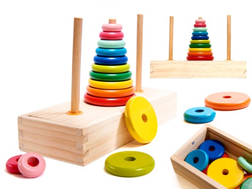 PIRAMIDA DREWNIANA Z PODSTAWĄ WIEŻA SORTER UKŁADANKA TĘCZOWA MONTESSORI