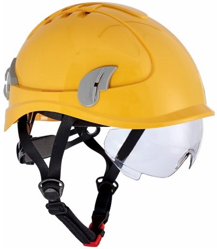 Kask budowlany z 4 punkowym paskiem i okularami