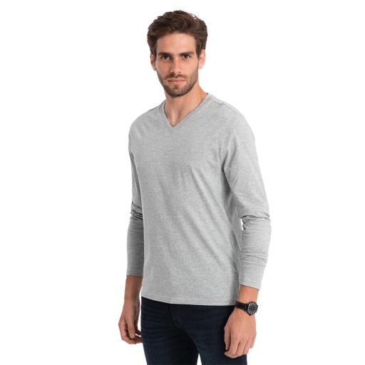 Koszulka męska Longsleeve bez nadruku V-NECK szary melanż V7 OM-LSBL-0108 L