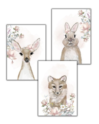 3 PLAKAT las sarna królik lis kwiaty beż dla dziewczynki brąz boho a3