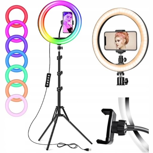 LAMPA PIERŚCIENIOWA LED RING RGB ZE STATYWEM DO ZDJĘĆ FILMÓW SELFIE MAKIJAŻ