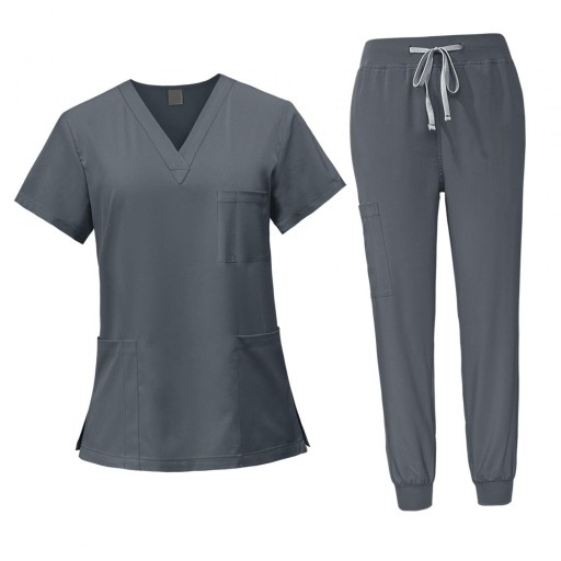 Women Uniform Scrubs Set with Pockets V Neck Machine Washable XXL Gray