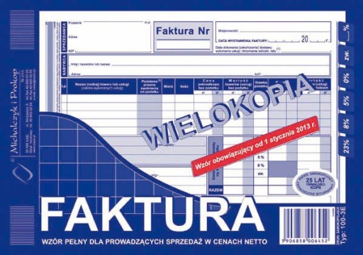 DRUK FAKTURA VAT 100-3E A5 WIELOKOPIA OD NETTO