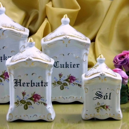 001 KOMPLET 4 POJEMNIKÓW Róża Złota CERAMIKA CHODZIEŻ MALCER Porcelana
