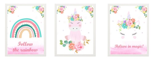 ZESTAW 3x OBRAZEK plakat A4 21x30cm tęcza UNICORN