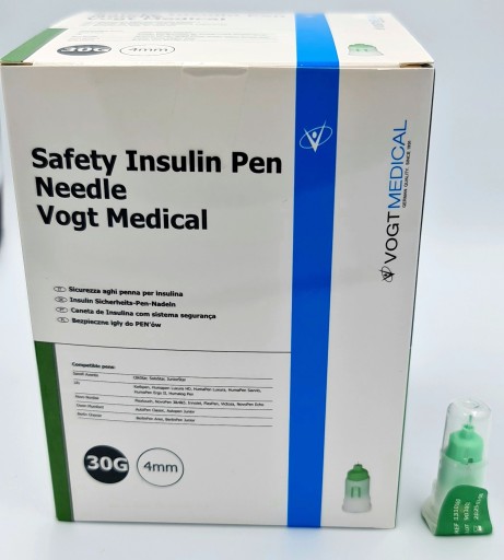 Bezpieczne jednorazowe Igły do penów 30G (0,3 x 4mm) Vogt Medical 100 szt