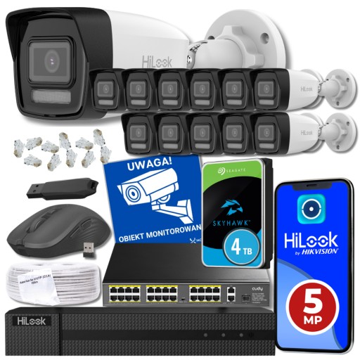 Monitoring 12x kamera zewnętrzna IP PoE 4MPx Detekcja AI DYSK 4TB HiLook