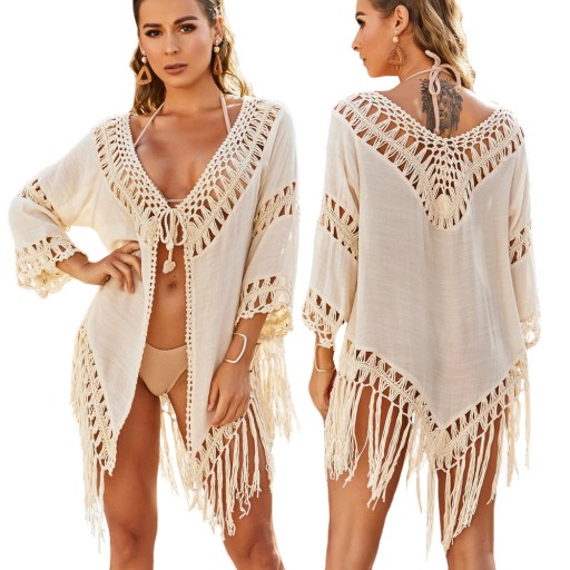 LETNIA TUNIKA PLAŻOWA ZWIEWNA SUKIENKA KORONKA BOHO PAREO NARZUTKA FRĘDZLE
