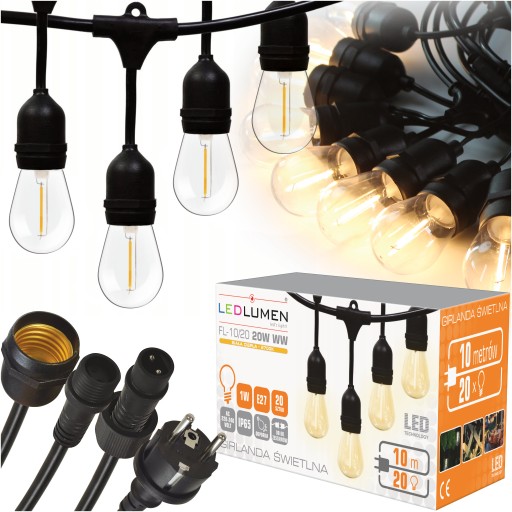 Girlanda Ogrodowa Świetlna 10m + 20x Żarówka LED 1W 2700K Zewnętrzna IP65