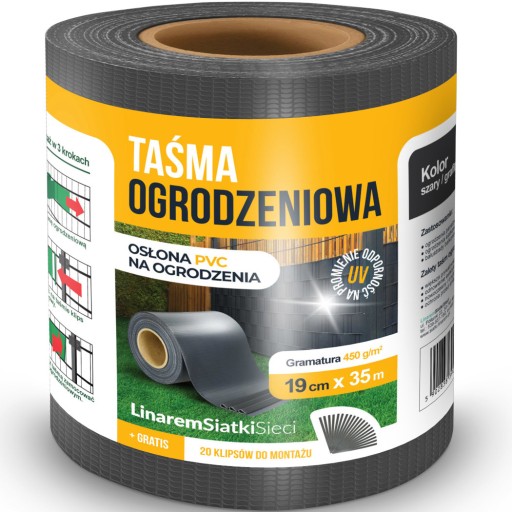 TAŚMA OGRODZENIOWA DO PANELI OGRODZENIOWYCH +KLIPSY 19cm x 35m ANTRACYT +UV