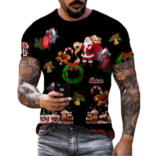 Santa Claus Pattern Men's T-shirt Elk Print Man Sh