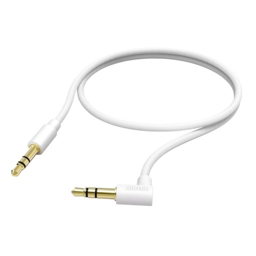 Kabel Mini JACK 3,5mm M/M kątowa 90° Gold Oplot Biały 0,5m. HAMA