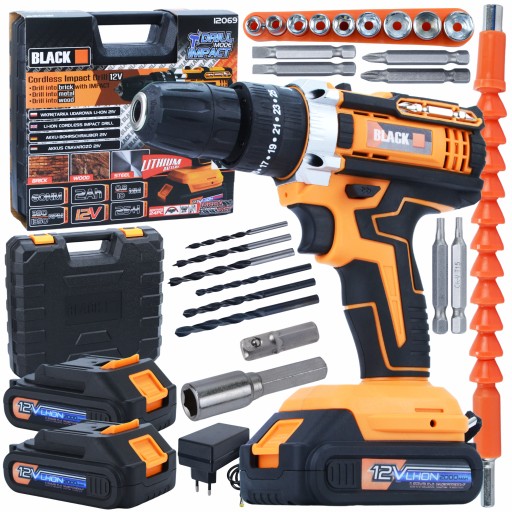 WIERTARKA WKRĘTARKA AKU 12V UDAR 2x 2Ah Li-Ion ZESTAW XXL 24PCS BLACK