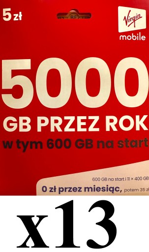 13 x STARTER VIRGIN 5 Pln 5000 GB PRZEZ ROK HURT Fv VAT 23%