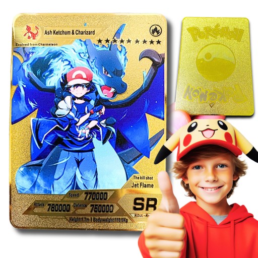 POKEMON ASH KETCHUM CHARIZARD METALOWA KARTA METAL ZŁOTA DO ALBUMU GRANIA =