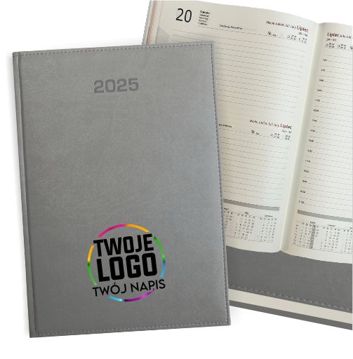 KALENDARZ DZIENNY A4 TERMINARZ 2025 KSIĄŻKOWY NOTES PLANER SZARY TWOJE LOGO