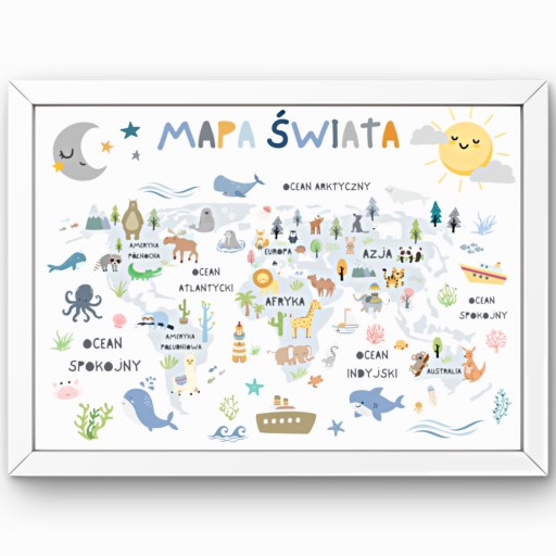 MAPA ŚWIATA DO POKOJU DZIECIĘCEGO OBRAZ W RAMIE A3