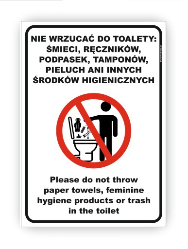 Naklejka A5 NIE WRZUCAĆ DO TOALETY ŚMIECI PLEASE DO NOT THROW GARBAGE