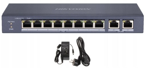 SWITCH PoE 8+2 do kamer IP HIKVISION 60W 2x Uplink