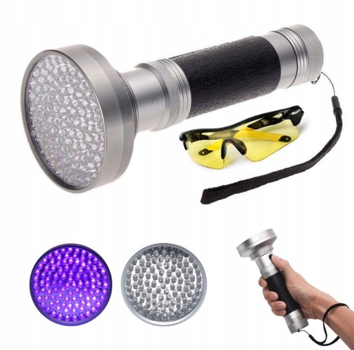 UV LATARKA 100LED REFLEKTOR ŚWIATŁO+OKULARY