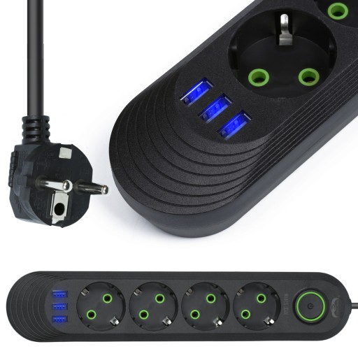LISTWA ZASILAJĄCA 4 GNIAZDA + 3 USB PRZEDŁUŻACZ 3M